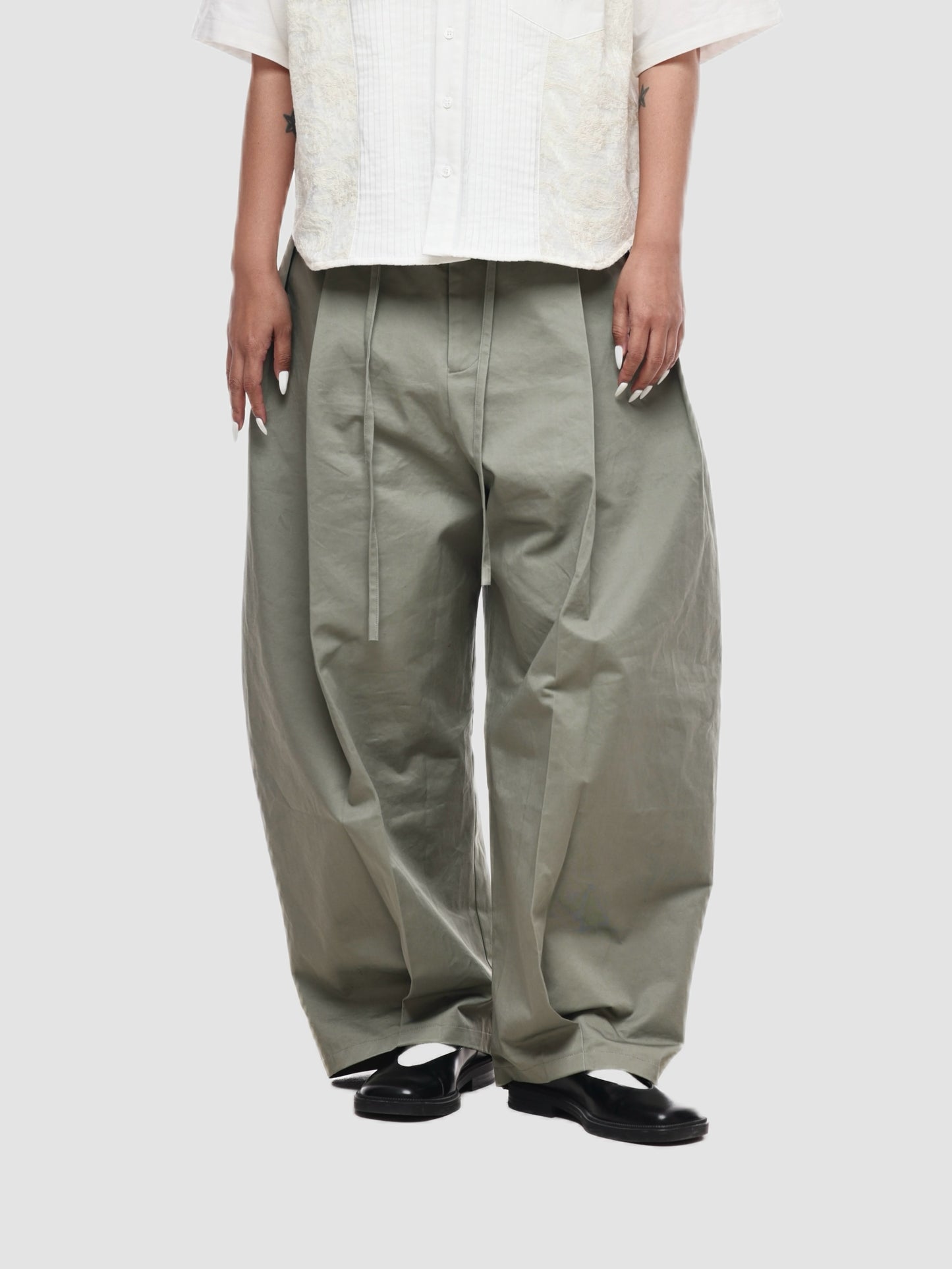 6CRAYON BLACK DOUBLE-PLEATED LOOSE DRAWSTRING ELASTIC WAIST LONG PANTS