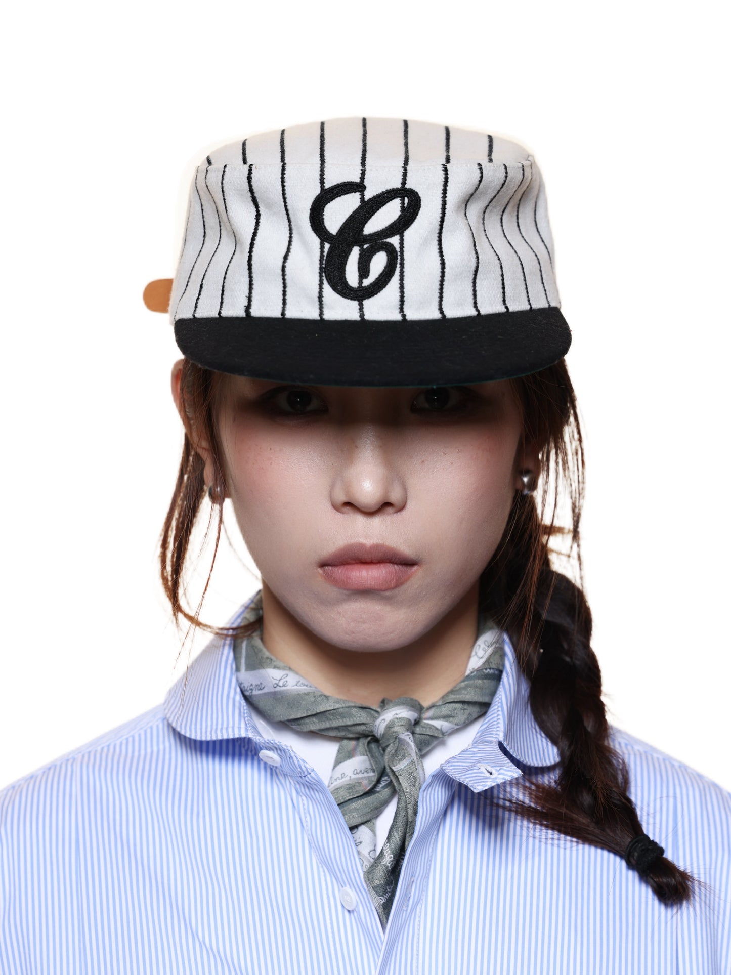6CRAYON Retro Flat Top Baseball Cap - Striped Wool Blend with Embroidered Letters