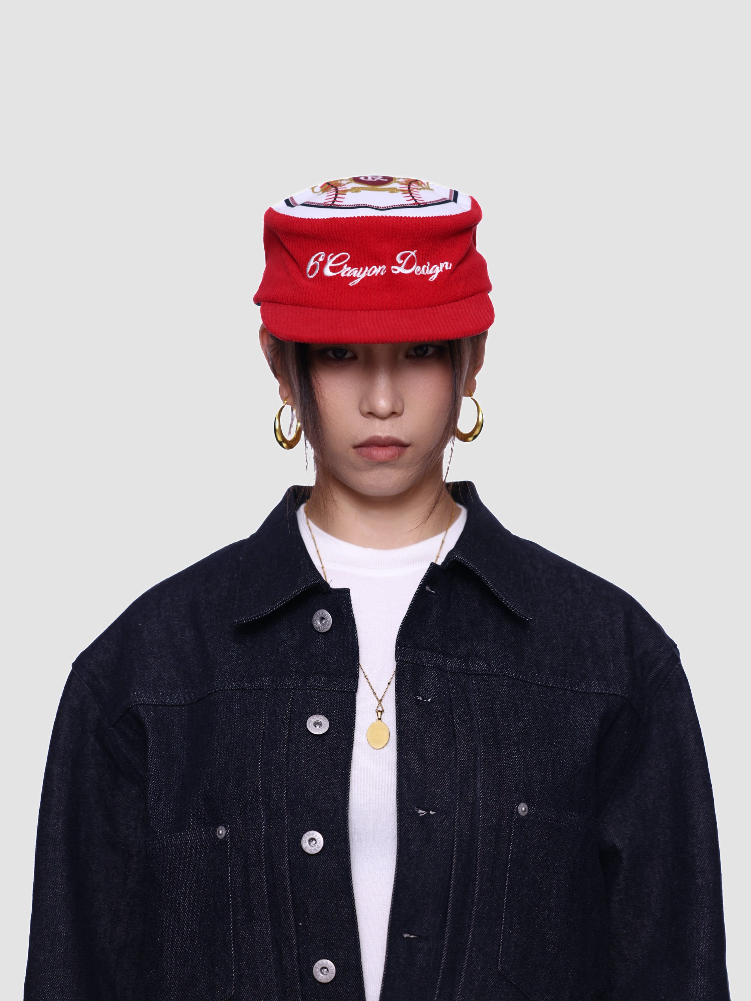 6CRAYON Flat Top Embroidered Corduroy Patchwork Baseball Cap