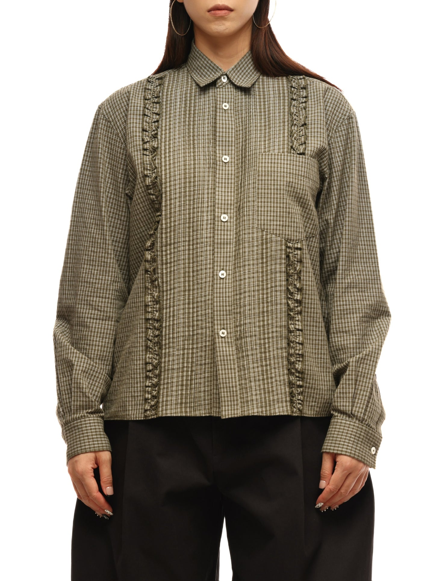 6CRAYON Retro Military Green Plaid Cotton Peplum Blouse