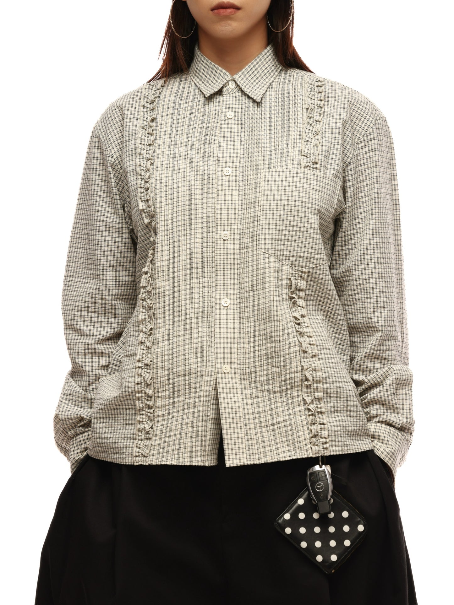6CRAYON Retro Off-White Plaid Cotton Peplum Blouse