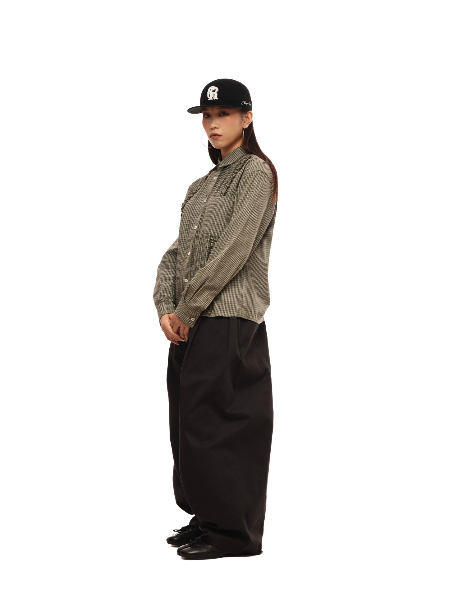 6CRAYON Retro Black Pleated Wide-Leg Trousers with Elastic Waist